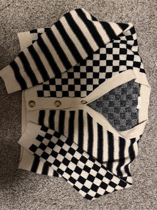 Sweaters - Women’s Black and Cream Checkerboard Button-Front Sweater